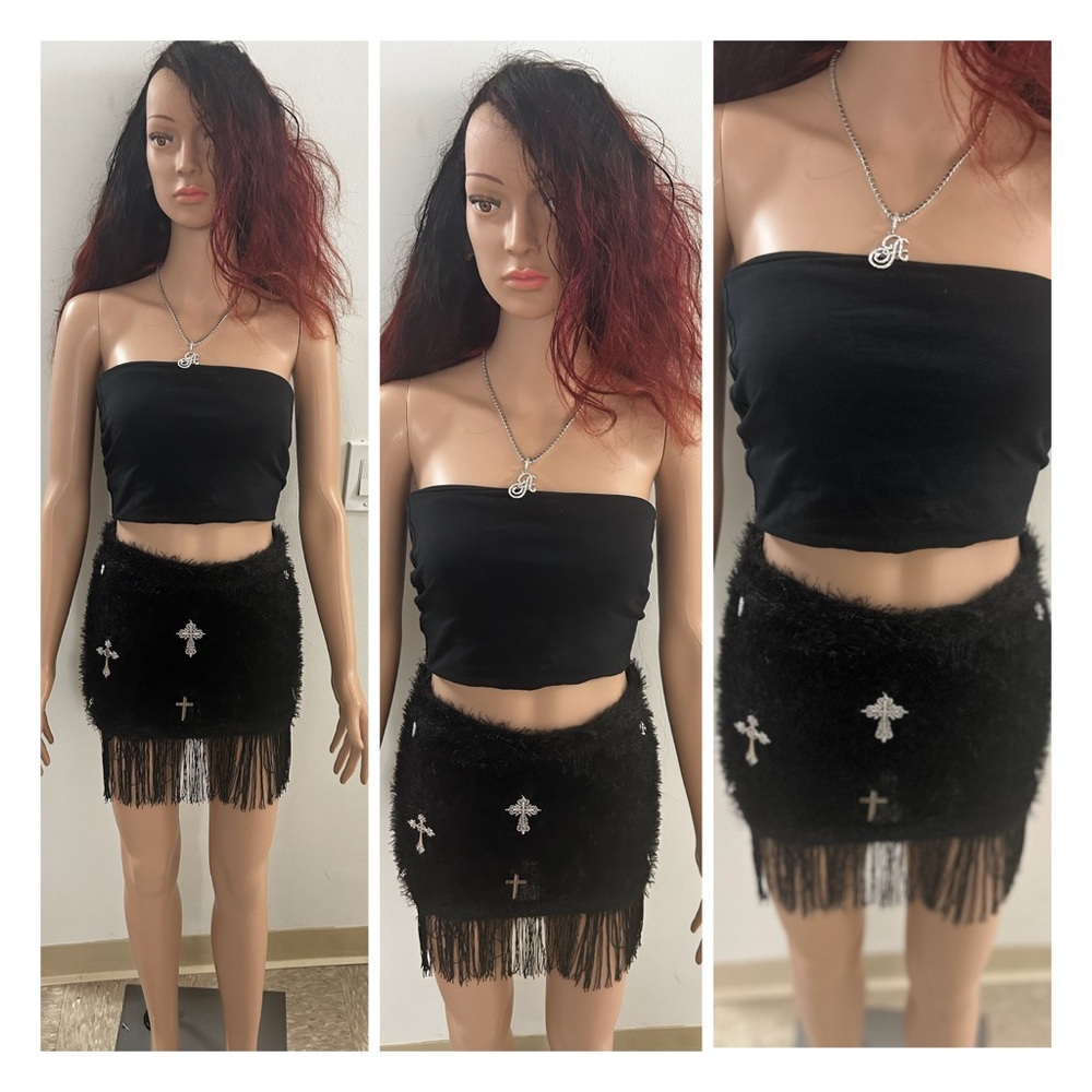 Black Fringe Skirt with Cross Details